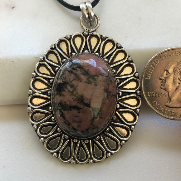 925 Sterling Large Rhodonite Oval Pendant - Picture 3 of 5